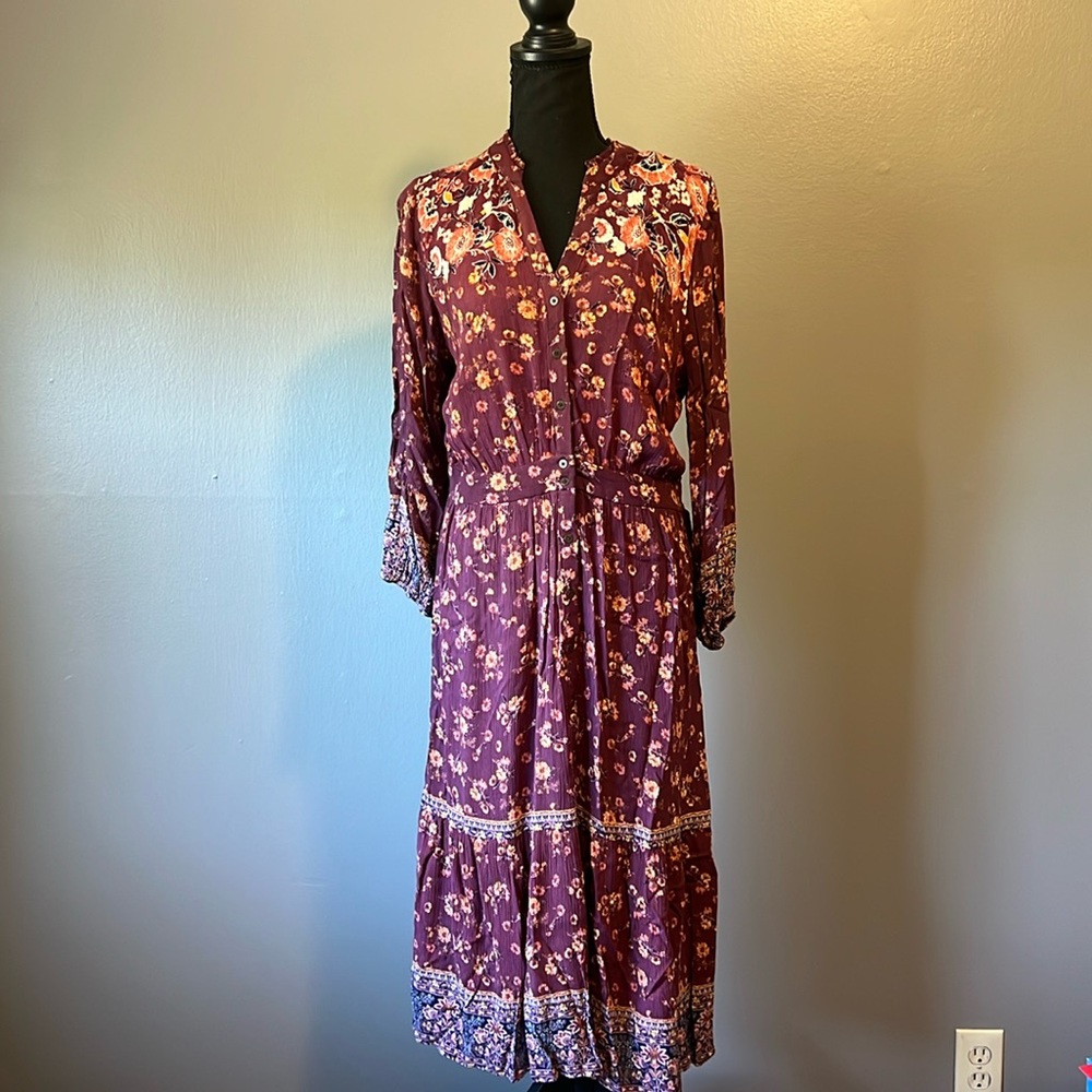 Cottagecore floral midi dress, button down front, size medium